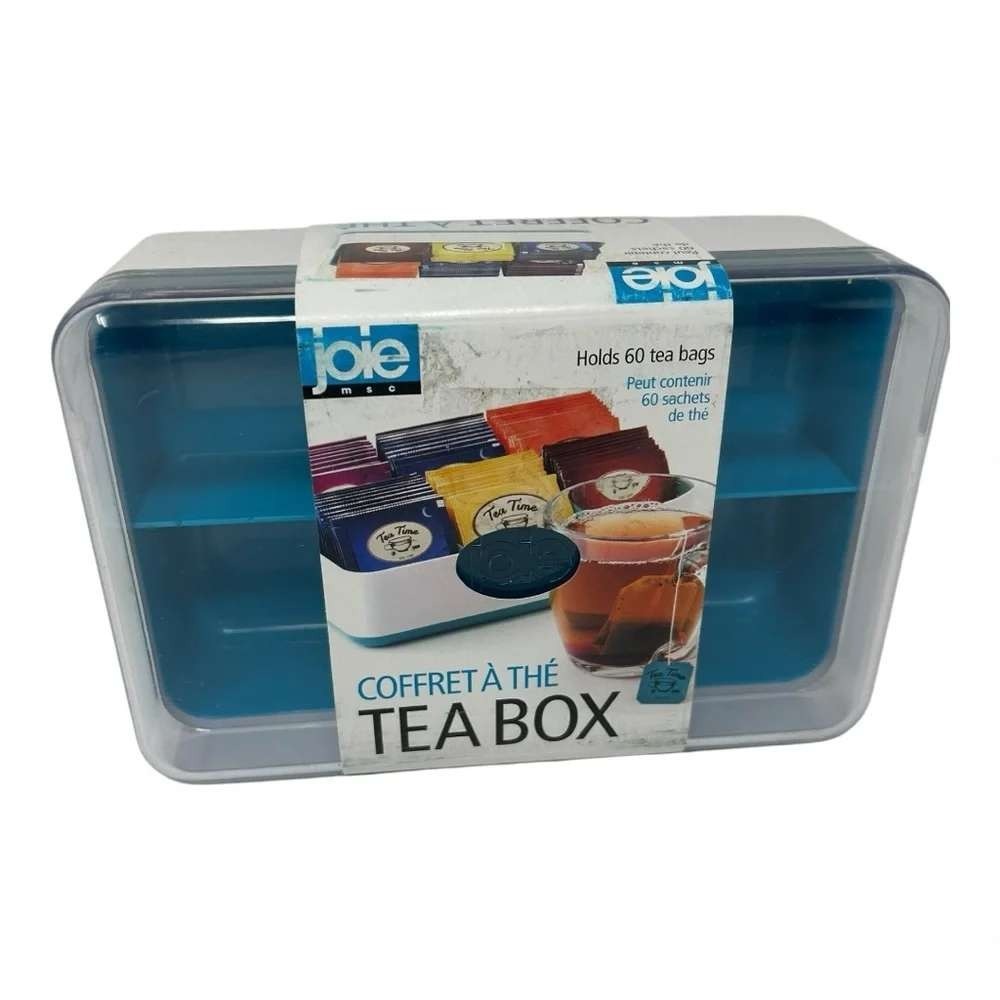 Joie MSC Tea Box Organizer 60 Tea Bag Holder Blue White Clear Lid BPA Free